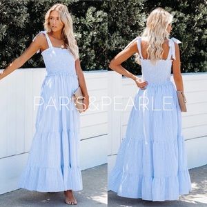 Nautical Cotton Blue & White Tiered Maxi Dress